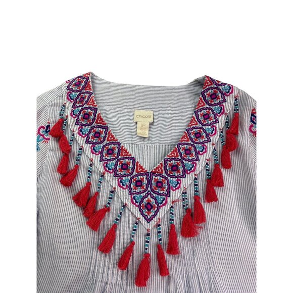 Chico's Womens Boho Embroidered Tassel Tunic Top Size M Petite Pinstripe Cotton - Picture 2 of 11